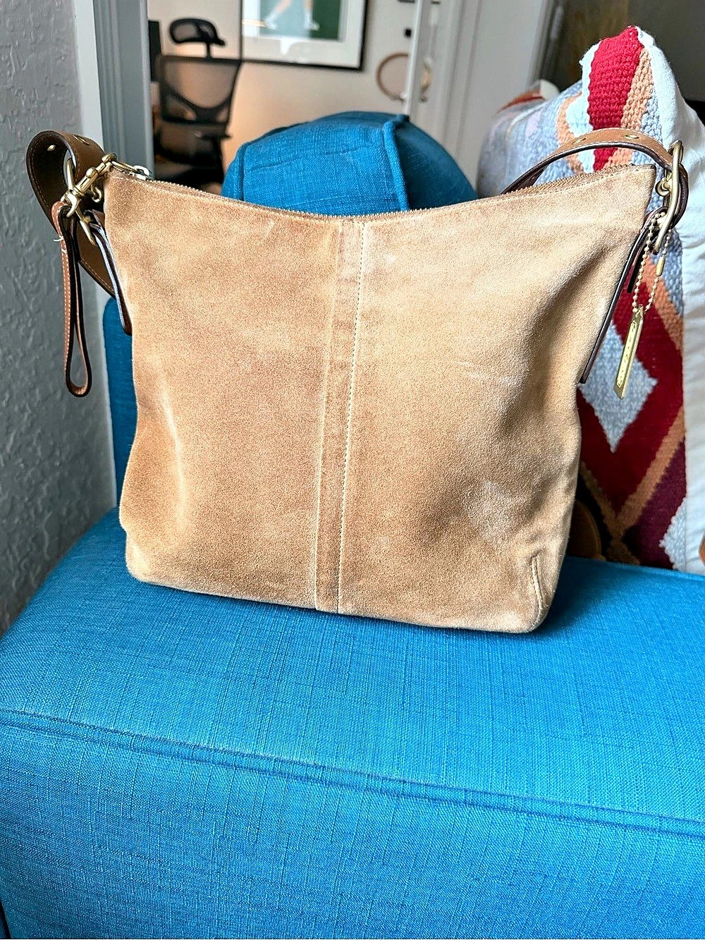 Coach 9327 Tan Split Suede Shoulder Bag Natural Leather Trim Zip Hobo